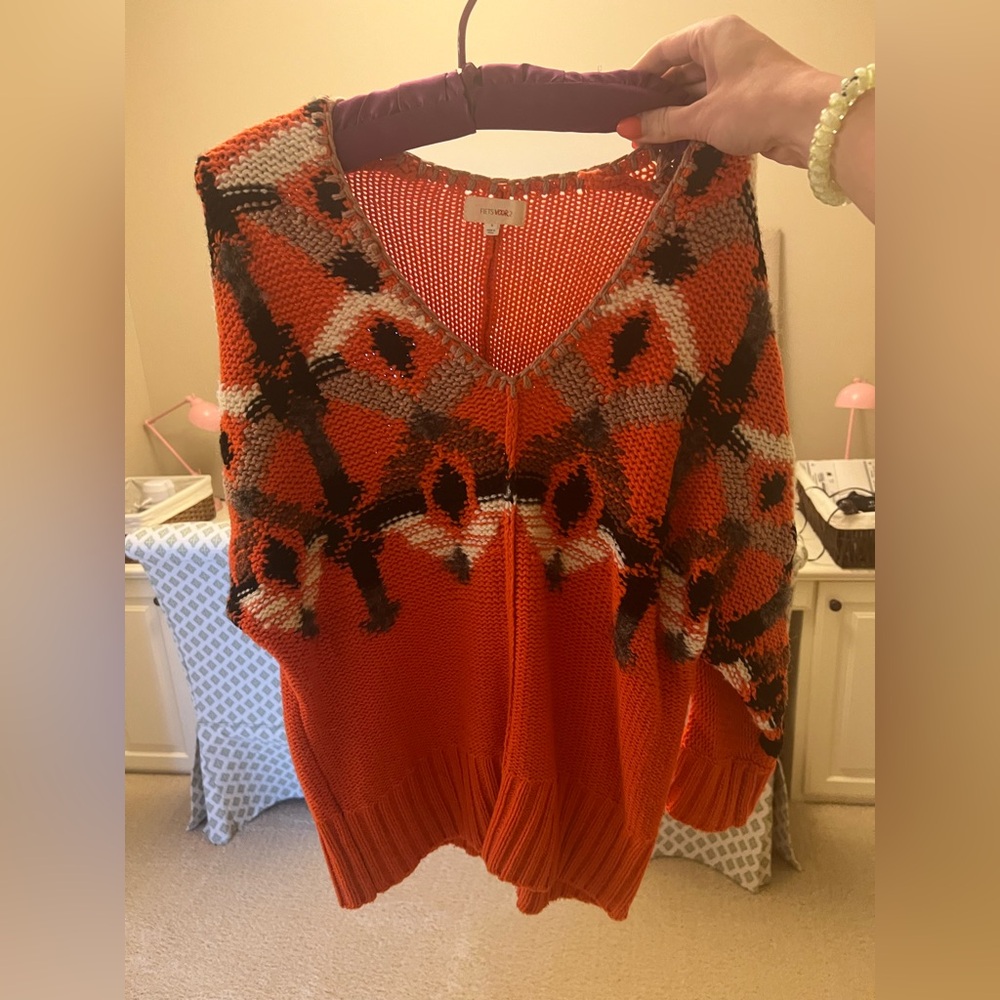 Anthropologie Orange and Black V-Neck Sweater with Bold Pattern